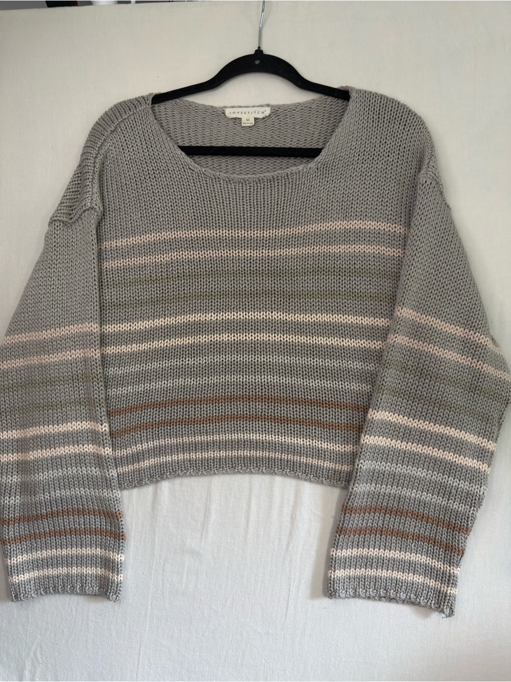 Lovestitch Gray Striped Crewneck Sweater with Pink and Brown Accents Size M